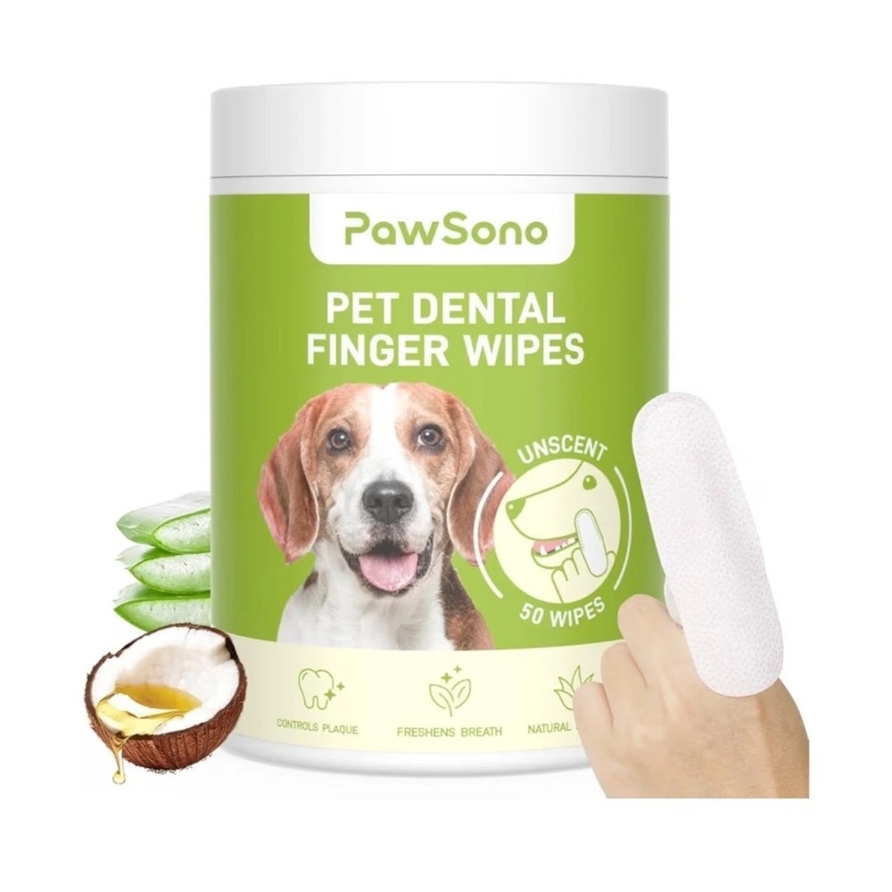 PawSono Dental Finger Wipes Unscented for Dog & Cat Teeth Mouth Odor 50 Count